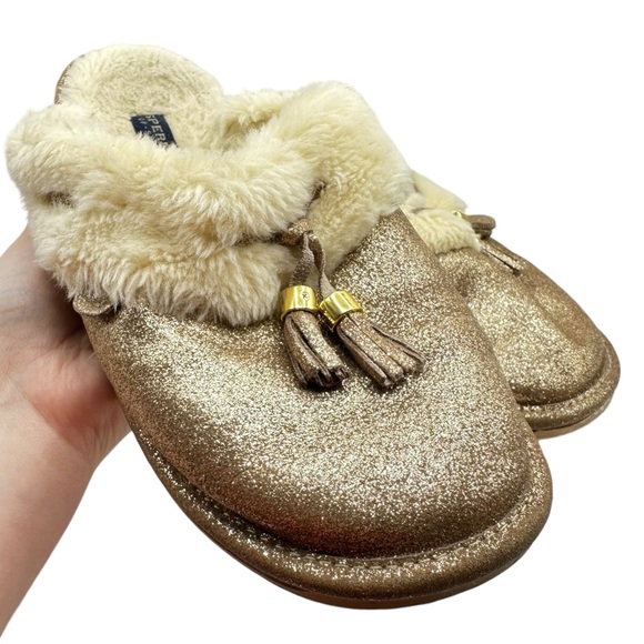Sperry Rare Top Sider Gold Glitter Fur Trim Leather Slip On Comfy Clog Slippers - Picture 3 of 14